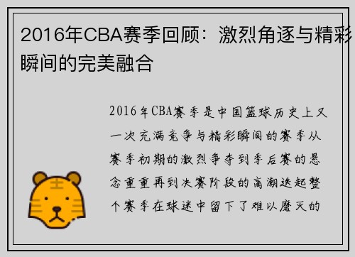 2016年CBA赛季回顾：激烈角逐与精彩瞬间的完美融合